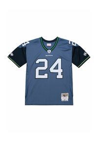 Seattle Seahawks Trikot in Marineblau und Himmelblau, mit auffälligen weißen "24" Zahlen, schwarzen Ärmeln und grünen Akzenten. Hergestellt aus leichtem Gewebe.