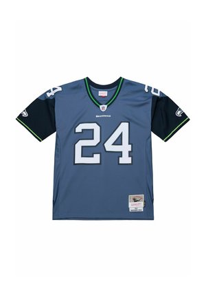 Seattle Seahawks Trikot in Marineblau und Himmelblau, mit auffälligen weißen "24" Zahlen, schwarzen Ärmeln und grünen Akzenten. Hergestellt aus leichtem Gewebe.