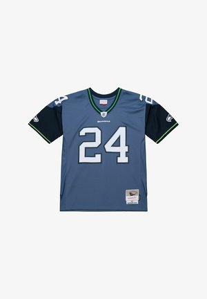Seattle Seahawks Trikot in Marineblau und Himmelblau, mit auffälligen weißen "24" Zahlen, schwarzen Ärmeln und grünen Akzenten. Hergestellt aus leichtem Gewebe.