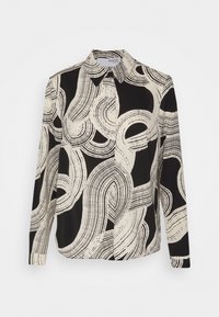 Pitkähihaisessa mustassa ja kermansävyisessä paidassa on abstract swirl -kuvio, se on valmistettu sileästä kankaasta ja siinä on teräväkauluksellinen ja edessä napitus.