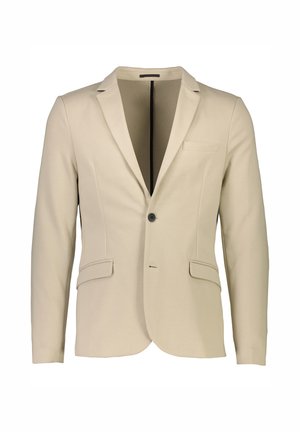 Beige blazer i slät tyg; har en enda svart knapp, två framfickor och en notch-lapel design för ökad struktur.