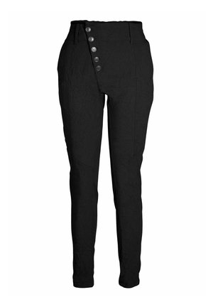 Musta housut, joissa on korkeavyötärö, viiden napin koristelu sivulla ja kuvioitu kangas, kapealla leikkauksella.