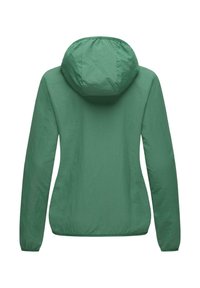 Veste légère à capuche de couleur vert foncé uni, avec des manches longues et un design simple et épuré. Texture lisse.