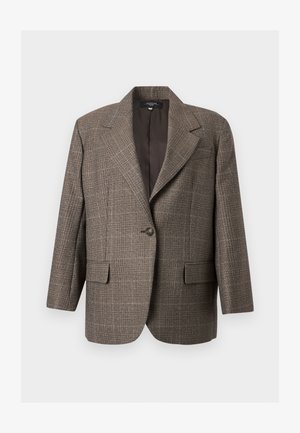 Καφέ καρό σακάκι με ένα κουμπί, γιακά με εγκοπές, μακριά μανίκια και εμπρόσθιες τσέπες με καπάκι, παρουσιασμένο πάνω σε λευκό φόντο.