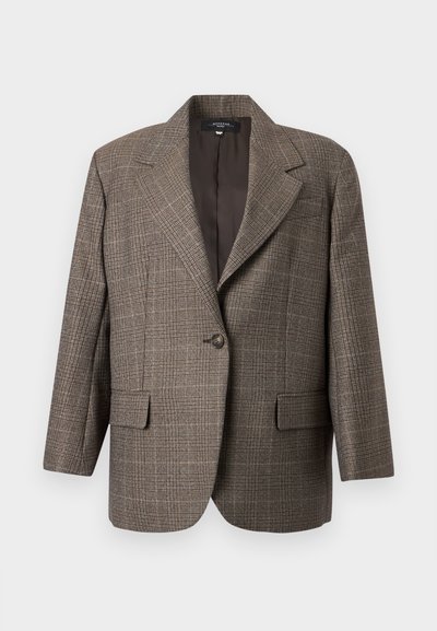 Καφέ καρό σακάκι με ένα κουμπί, γιακά με εγκοπές, μακριά μανίκια και εμπρόσθιες τσέπες με καπάκι, παρουσιασμένο πάνω σε λευκό φόντο.