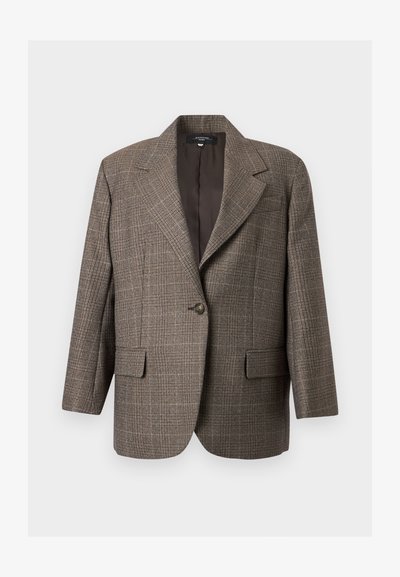 Καφέ καρό σακάκι με ένα κουμπί, γιακά με εγκοπές, μακριά μανίκια και εμπρόσθιες τσέπες με καπάκι, παρουσιασμένο πάνω σε λευκό φόντο.