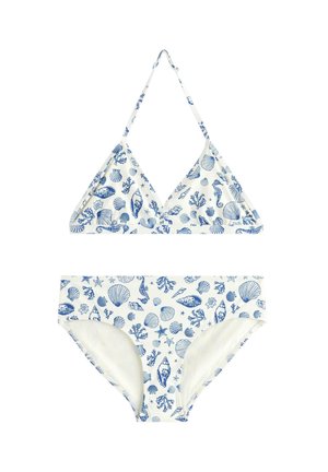 Hvid bikinitøj med blå havtema-mønstre, inklusive muslinger, koraller, søstjerner og Søheste, med en trekantet haltertop og trusser.