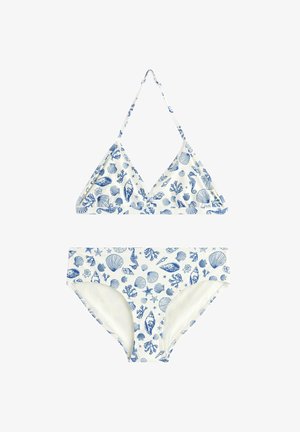Hvid bikinitøj med blå havtema-mønstre, inklusive muslinger, koraller, søstjerner og Søheste, med en trekantet haltertop og trusser.