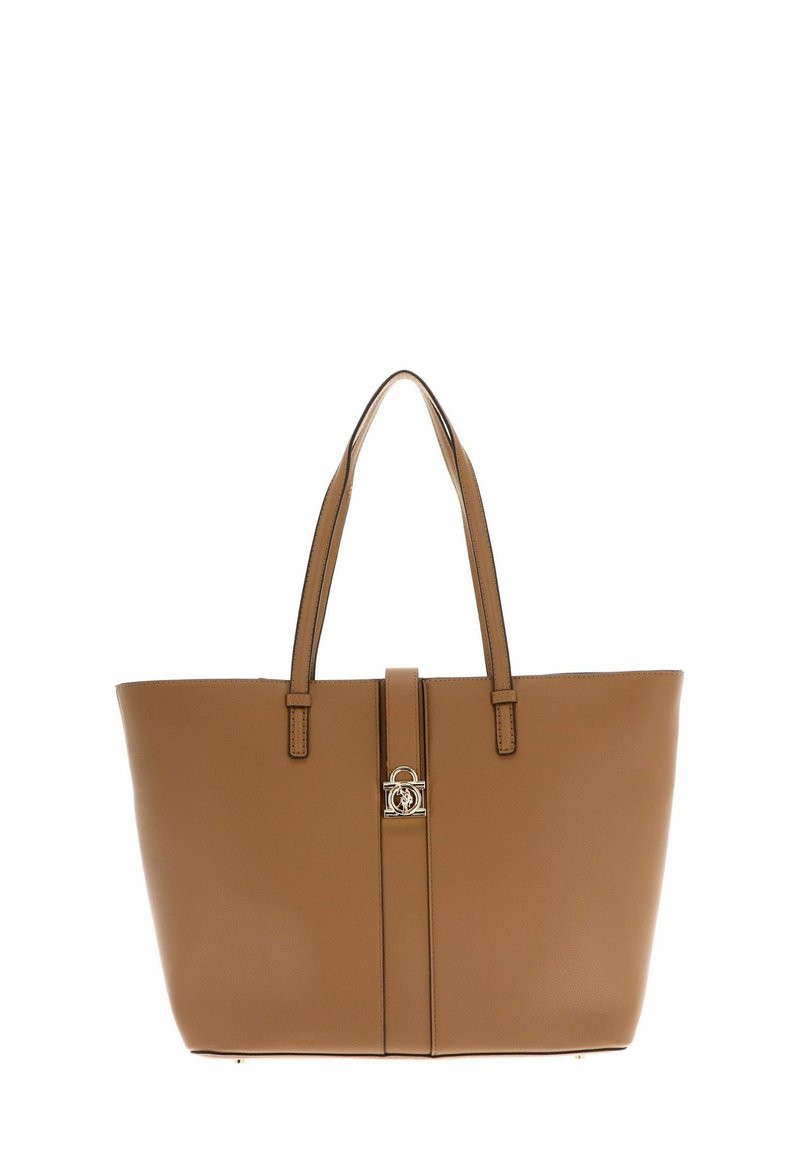 Bolso tote de cuero marrón con asas planas dobles, detalle de costura vertical y un adorno de cerradura en tono dorado en el centro. Textura suave.