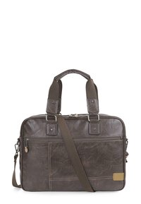 Maletín de cuero marrón con dos asas superiores, correa para el hombro ajustable, bolsillo frontal con cremallera y detalles de costura en contraste.