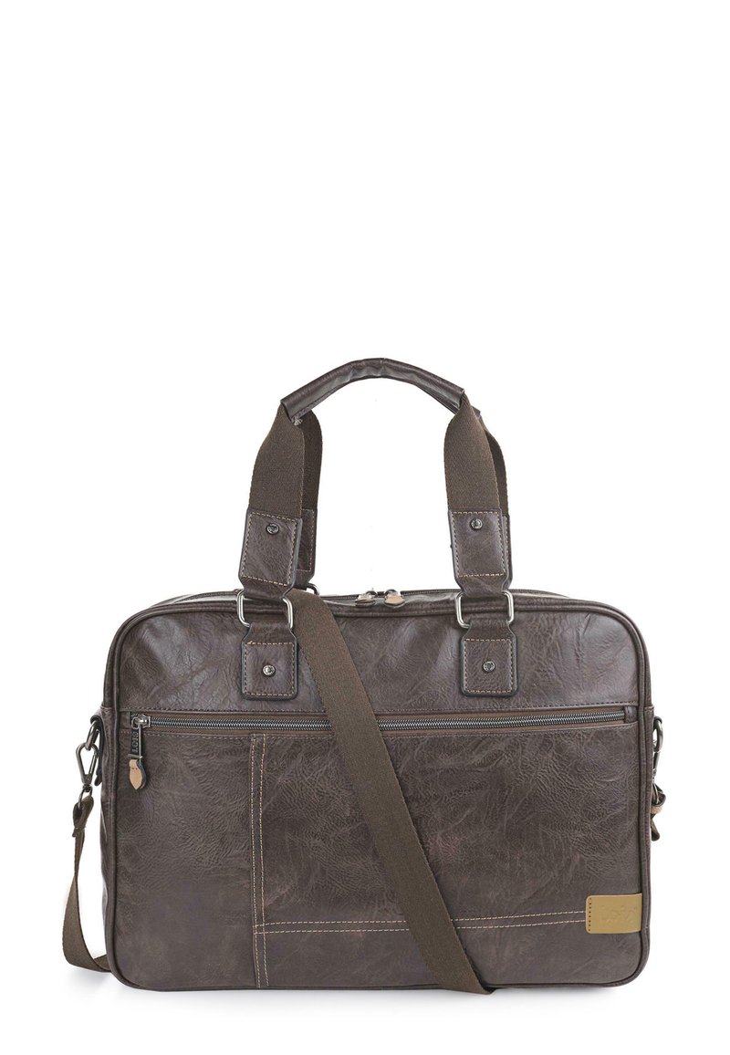 Maletín de cuero marrón con dos asas superiores, correa para el hombro ajustable, bolsillo frontal con cremallera y detalles de costura en contraste.