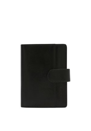 Black leather bifold wallet with a snap-button strap closure, shown closed against a white background.