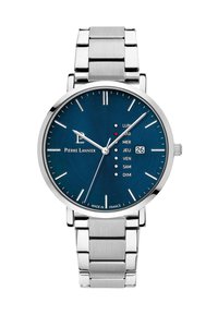 Reloj de acero inoxidable plateado con un dial azul, marcadores de hora plateados, indicador de fecha y días de la semana. Diseño circular.