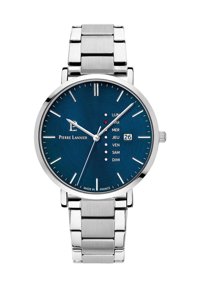 Reloj de acero inoxidable plateado con un dial azul, marcadores de hora plateados, indicador de fecha y días de la semana. Diseño circular.