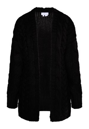 Czarny dzianinowy kardigan z grubym wzorem w warkocze, otwarty z przodu, z długimi rękawami i teksturowanym wykończeniem. Miękki, gruby materiał dzianinowy.