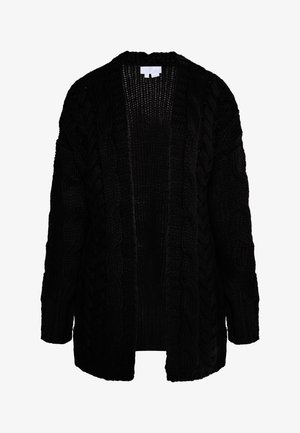 Čierny pletený cardigan s hrubým káblovým vzorom, otvorený predný diel, dlhé rukávy a textúrovaný povrch. Mäkko a hrubo pletený materiál.