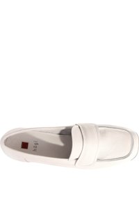 White leather loafer with textured finish, rounded toe, and decorative strap. Features a subtle grey trim and cushioned interior.