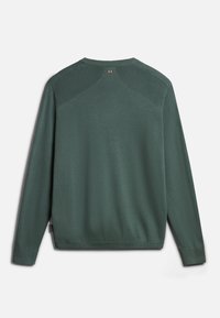 Groene trui met een ronde hals, lange mouwen, gestructureerde schouders en een klein logo op de achterkant van de hals. Over het algemeen een soepel materiaal.