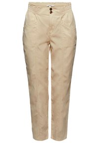 Pantalon décontracté beige avec taille élastique, deux boutons à l'avant, poches latérales et coutures visibles, présenté sur un fond blanc.