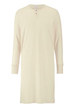 Long-sleeve nightgown in off-white cotton, featuring a rounded neckline, three buttons, and ribbed cuffs. Smooth, plain texture.