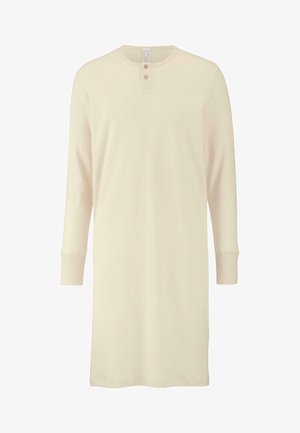 Langärmliges Nachthemd aus elfenbeinfarbenem Baumwollstoff, mit runder Halslinie, drei Knöpfen und gerippten Bündchen. Glatte, einfarbige Textur.