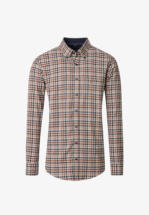 Karierte Langarmshirt in Blau, Orange und Beige. Mit einem Kragen zum Knöpfen, einer Brusttasche und blauen Akzenten am Hals.