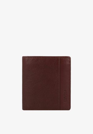 Braunes Lederportemonnaie mit strukturierten Oberflächen, Bifolding-Design und einer Seitentasche. Mit eingeprägtem Markennamen auf der Vorderseite.
