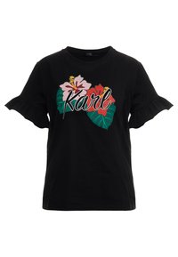 Camiseta negra con mangas rizadas, adornada con estampados florales coloridos y la palabra "Karl" en letras estilizadas a lo largo del pecho.