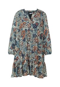 Robe ample à manches longues avec fond bleu et grand motif floral marron, beige et bleu marine, dotée d'un ourlet froncé et d'un décolleté en V.
