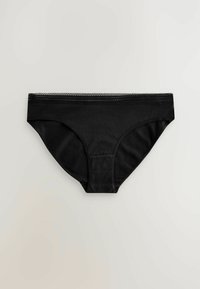 Musthave mustriimuga musta puuvillane aluspüks, millel on sile tekstuur ja klassikaline madal vöökoht.