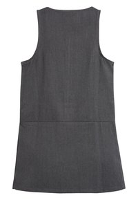Robe grise sans manches avec un col rond, silhouette évasée et une texture en denim lisse. Présente un design épuré et sans ornement.