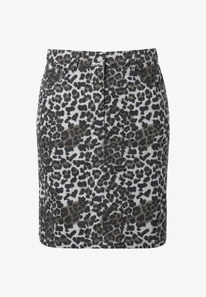Leopard print denim skirt in gray and black, featuring a fitted silhouette, front pockets, and a button closure at the waist.