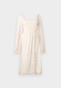 Rochie florală dintr-un material ușor, cu decolteu pătrat, bust smockat, mâneci lungi tip bufant și modele delicate cu flori roz pe tot parcursul.