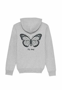 Šedá mikina s kapucí s černým motivem motýla a textem "Uletět" vytištěným pod ním. Měkká textura látky s neformálním designem.