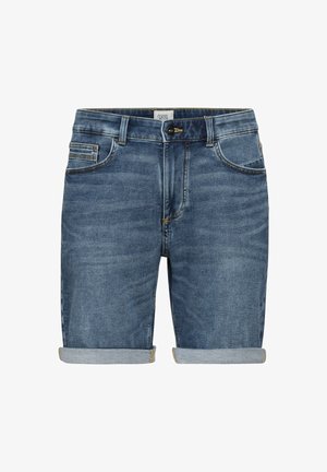 Jeans-Shorts in hellblauer Waschung, mit Five-Pocket-Design, umgeschlagenen Säumen und mittelhoher Taille, mit kontrastierenden Nähten und Knopfverschluss.