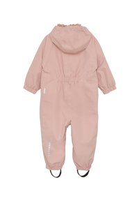 Rosa vattentät overall med huva, elastiska ärmslut och justerbart midjeband. Har en ögla för fäste vid fötterna och detaljer med prickar.