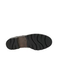 Semelle extérieure en caoutchouc noir avec un motif de grip texturé, et un intermédiaire lisse marron. La chaussure a un profil plat et une construction robuste.