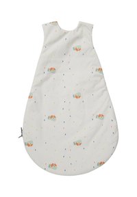 Schlafsack aus weißem Stoff mit bunten, verstreuten Punkten und kleinen Tiermotiven. Enthält einen seitlichen Reißverschluss für einfachen Zugang.