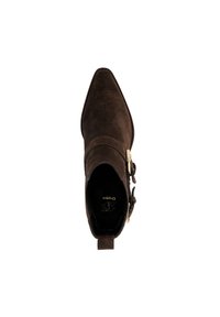 Bottine en suédine marron avec un bout pointu, dotée d'une sangle décorative et de quincaillerie dorée. Texture lisse et design minimaliste.