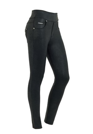 Leggings neri realizzati in materiale testurizzato, dotati di tasche e dettagli metallici. Design a vita alta con una finitura liscia.
