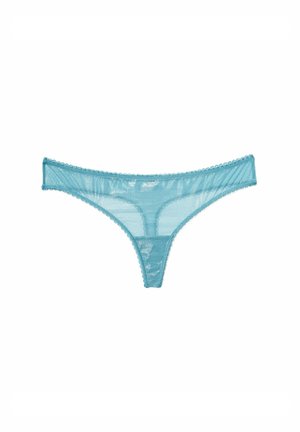 Light blue sheer thong underwear with scalloped lace edges and a translucent finish, featuring a simple design and minimal coverage.