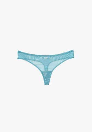 Light blue sheer thong underwear with scalloped lace edges and a translucent finish, featuring a simple design and minimal coverage.