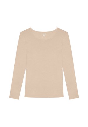 Haut à manches longues en tissu léger beige avec un col rond et une texture lisse, sans accents ni motifs visibles.
