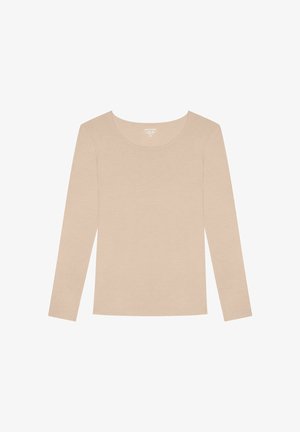 Haut à manches longues en tissu léger beige avec un col rond et une texture lisse, sans accents ni motifs visibles.