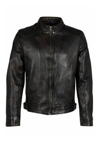 Schwarze Lederjacke mit Stehkragen, Reißverschluss vorne, zwei seitlichen Taschen und leicht strukturiertem Oberflächenmaterial. Verfügt über eine taillierte Passform und minimalen Nähten.