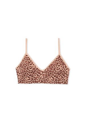 Bralette imprimé léopard avec fines bretelles réglables et décolleté en V sur fond beige clair.