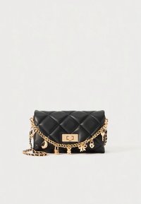 Black quilted leather handbag featuring a gold chain strap with decorative charms and a rectangular clasp on the front.