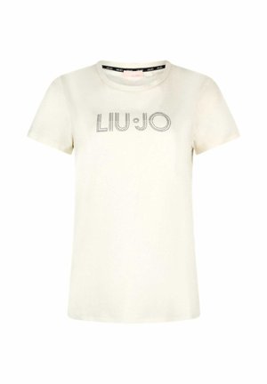 T-shirt bianca a maniche corte con girocollo e logo "LIU•JO" in piccoli rhinestone neri sul petto su sfondo semplice.