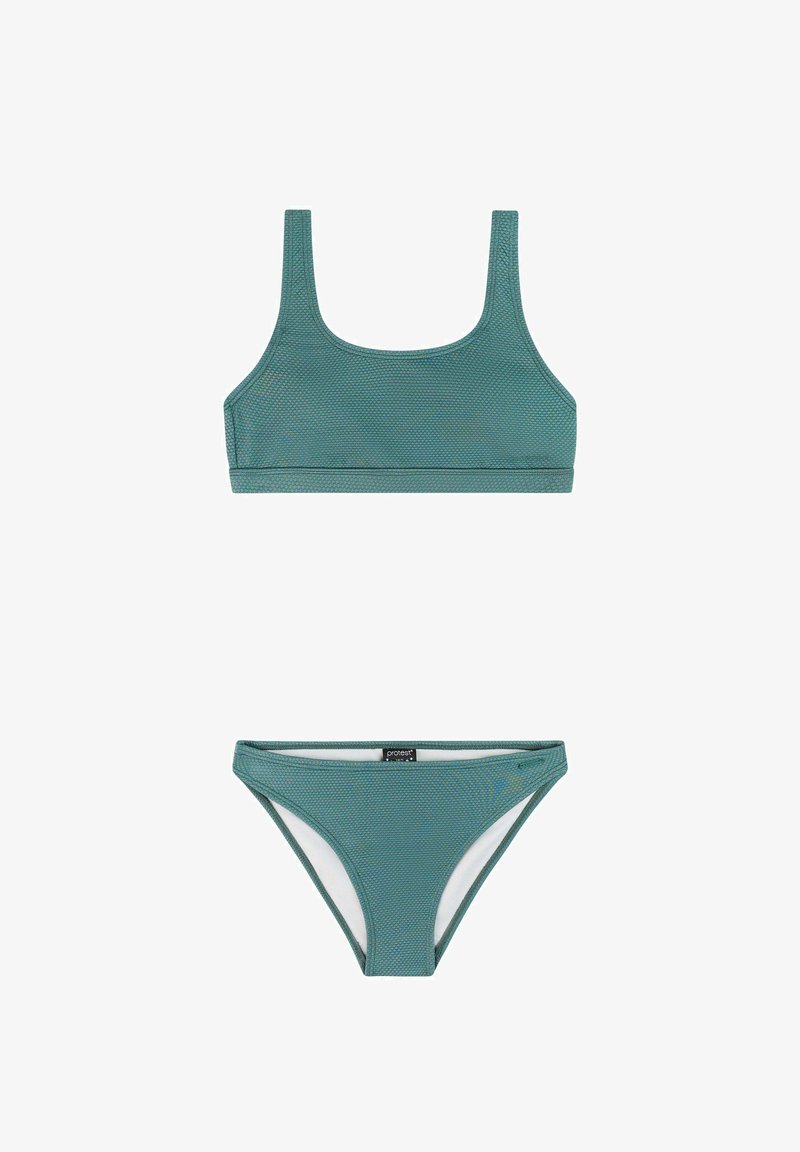 Turkooise textuur tweedelige bikini met een top met ronde hals en bijpassende lage tailleslip op een witte achtergrond.