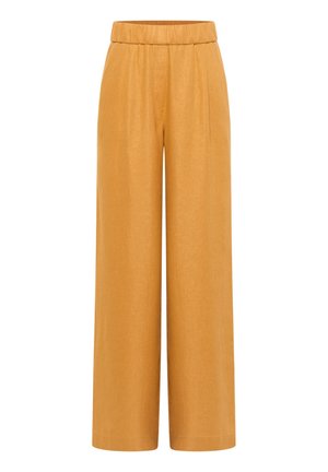Wide-leg, high-waist mustard yellow pants with an elastic waistband and a smooth fabric finish.